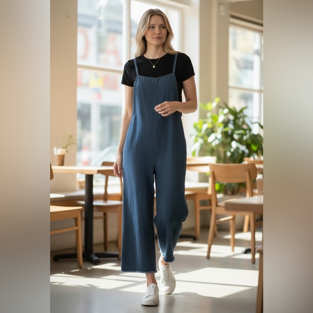 Blue Denim Jumpsuit with Fringe Hem & Adjustable Straps